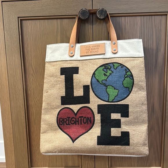 Brighton Earth Love Tote Burlap/Leather 13" x 15" LOVE MAKES EARTH GO ROUND - Picture 1 of 10